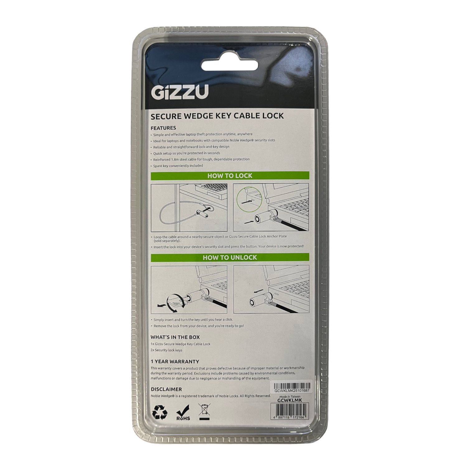 GIZZU 1.8m Wedge Cable Lock - Image 3