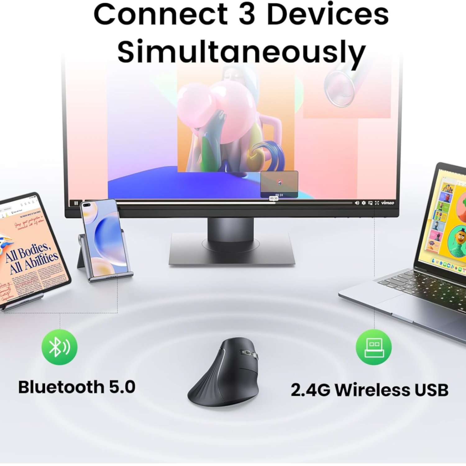 UGREEN Multi-Mode Vertical Mouse Bluetooth and 2.4G Wireless–Black - Image 5